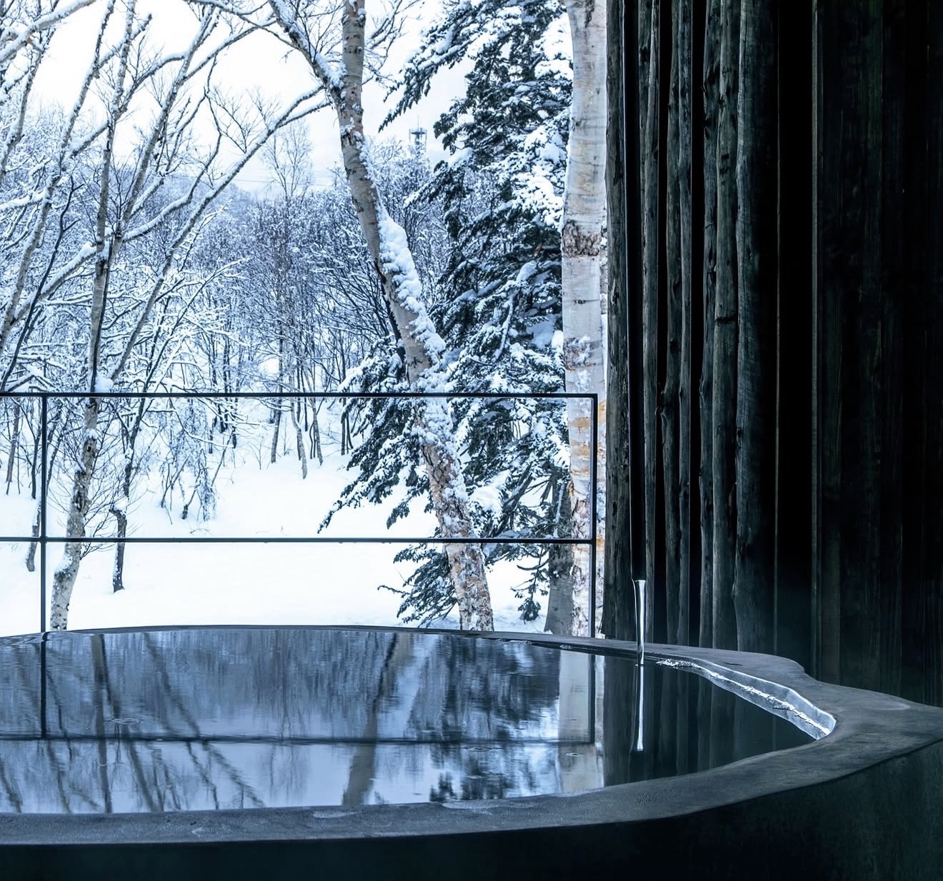 Private onsen looking onto a snow-covered birch forest