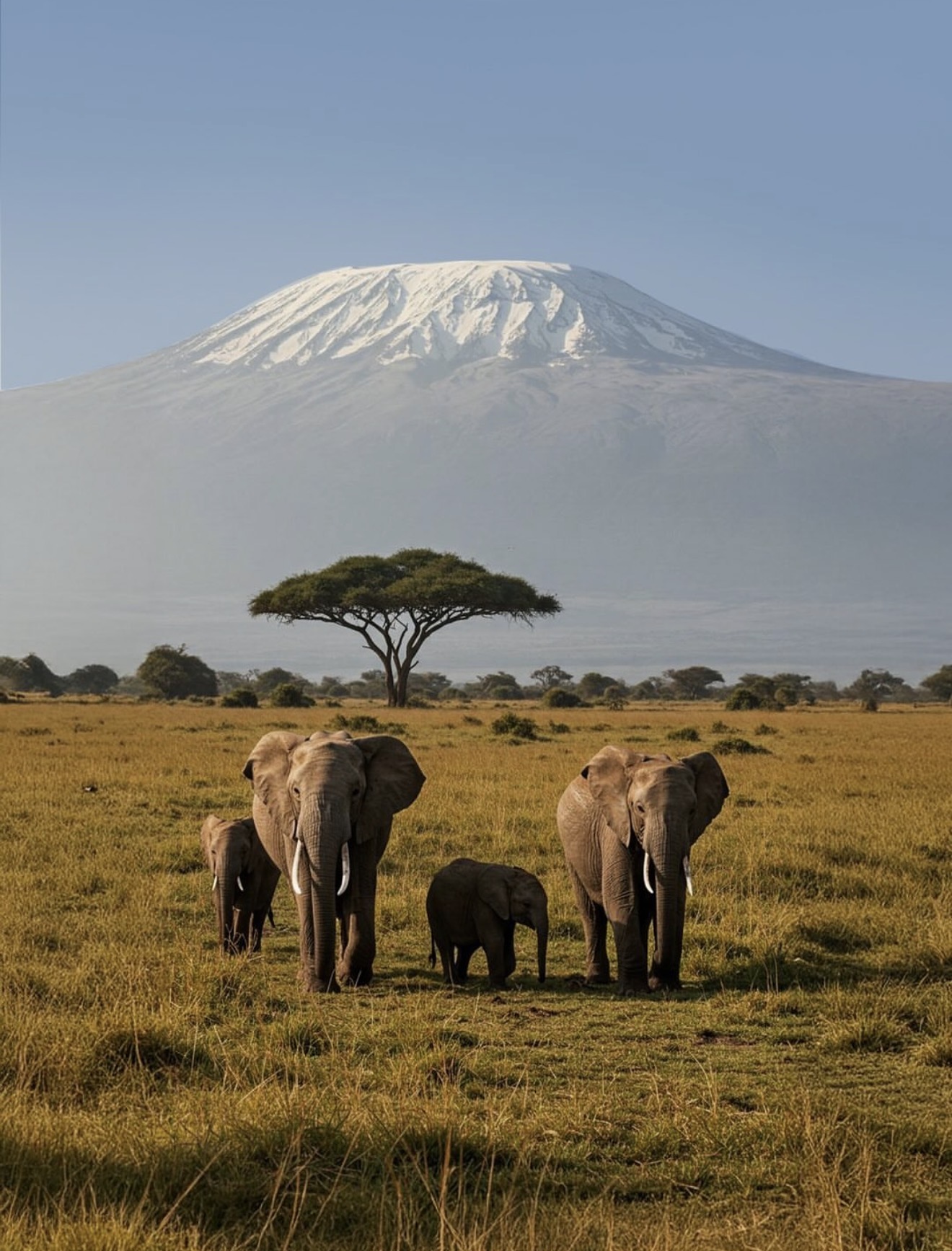 Elephants beside a lone acacia below Mount Kilimanjaro