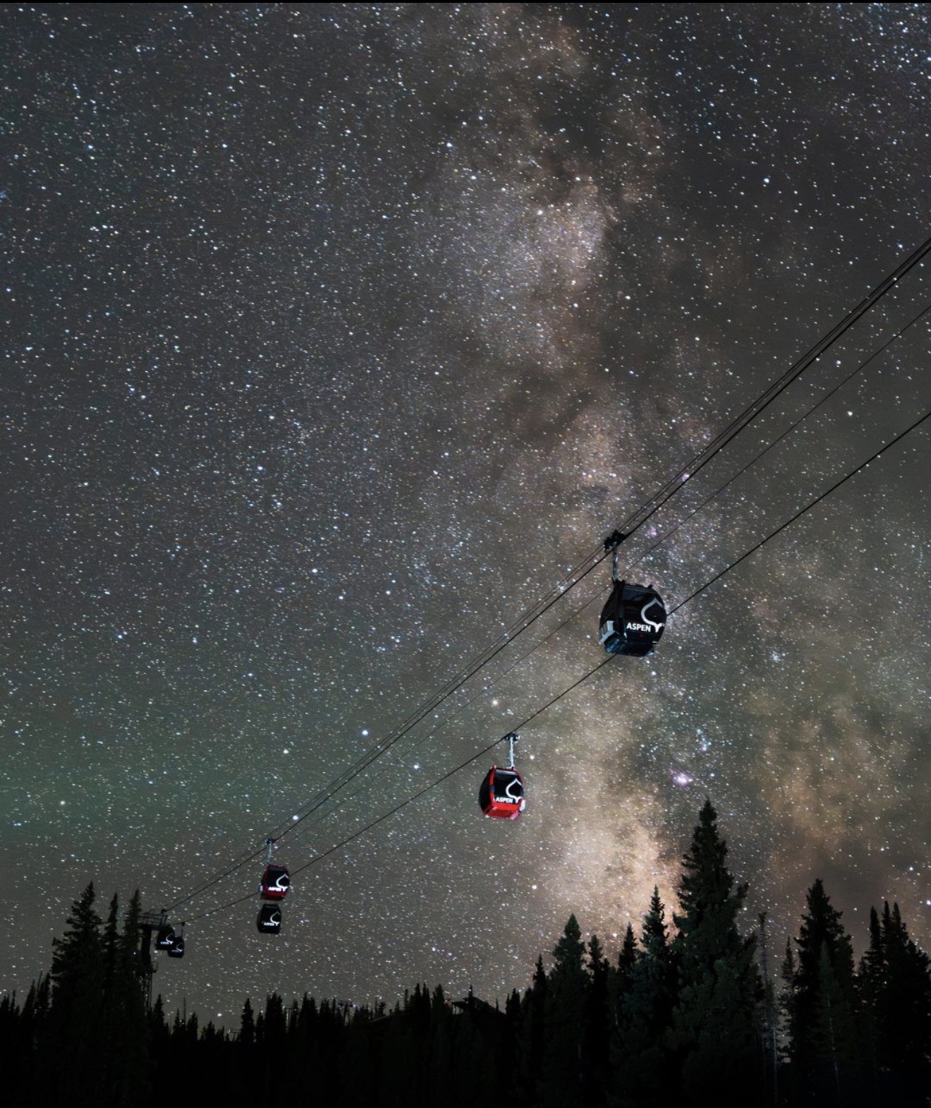 Aspen gondolas beneath the Milky Way