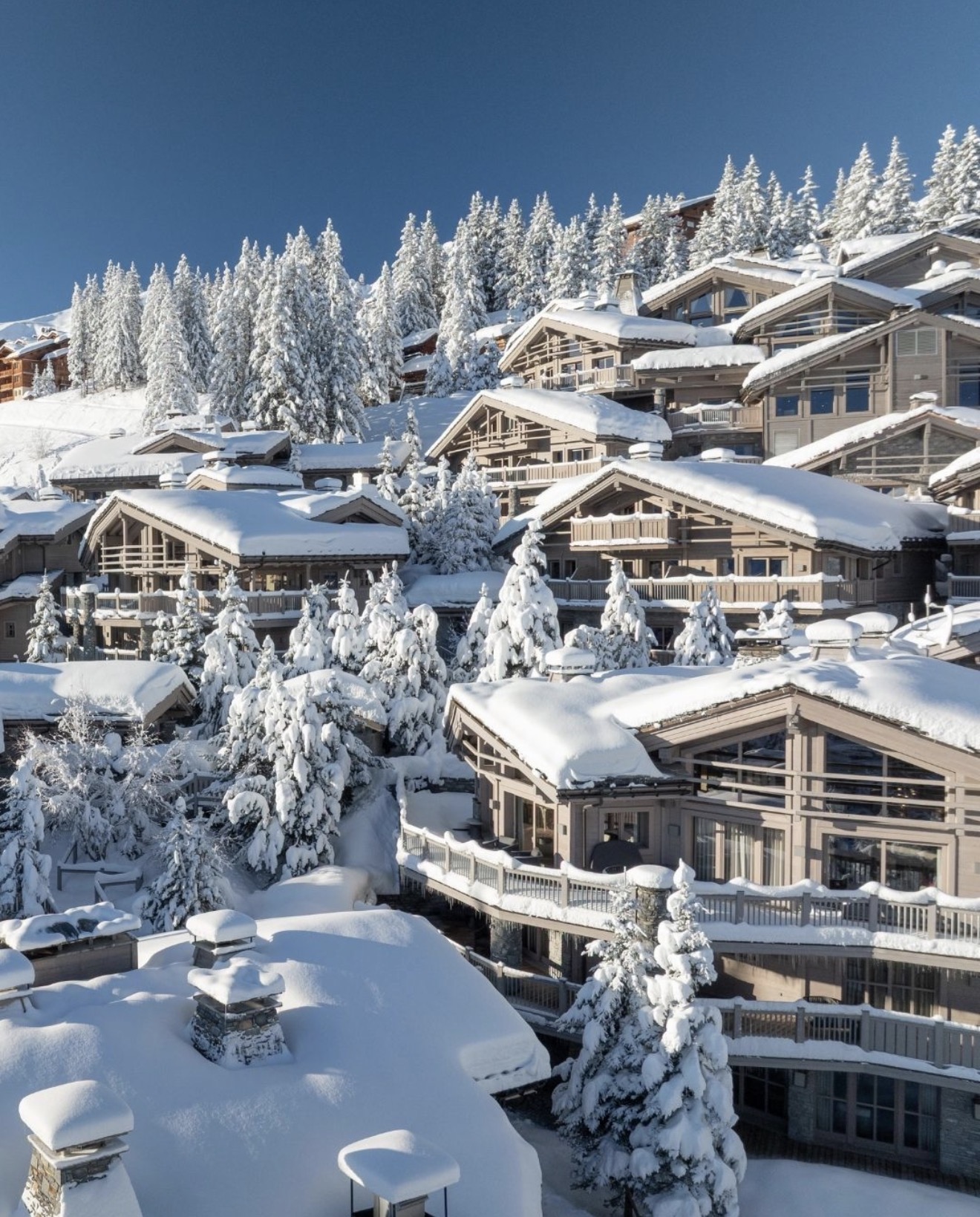Snow-covered timber chalets gathered on an alpine hillside