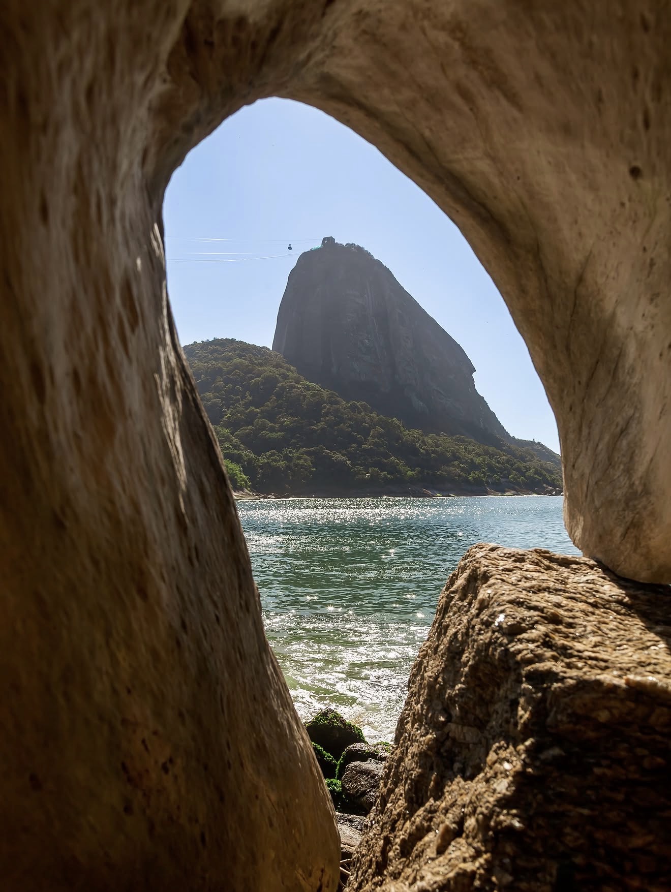 Sugarloaf Mountain framed by coastal rocks in Rio de Janeiro
