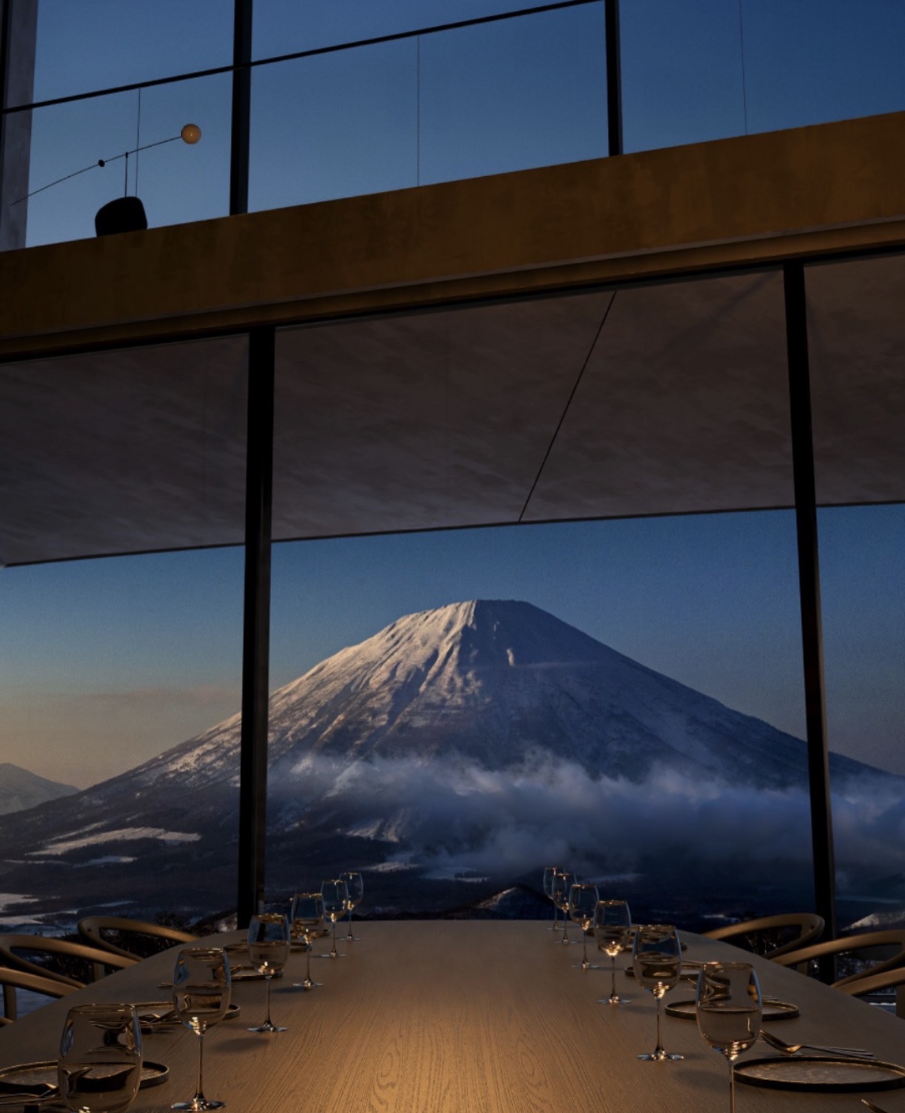 Private dining room looking towards snow-covered Mount Yotei