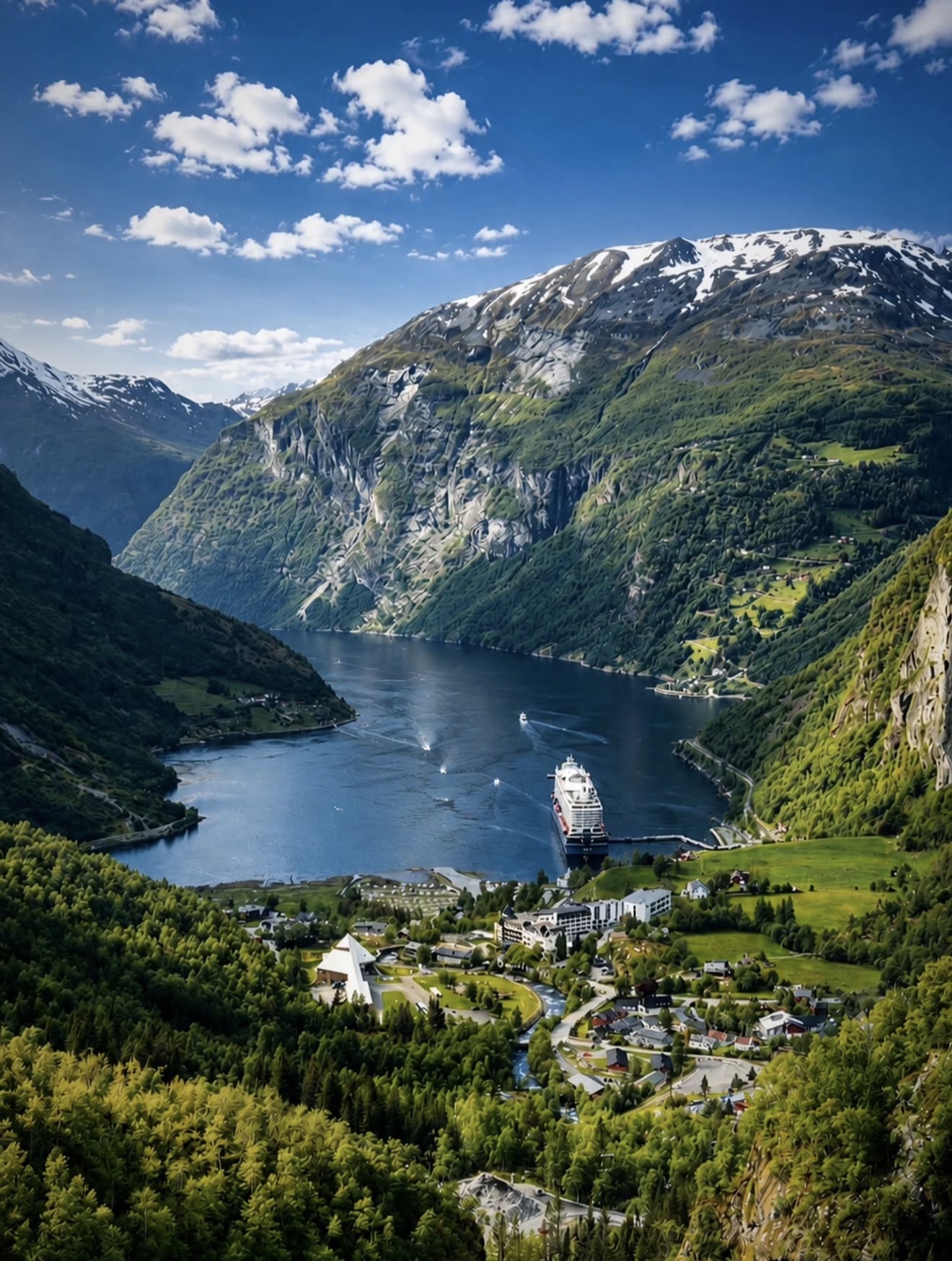 Ship anchored in the Geirangerfjord below snow-capped Norwegian mountains