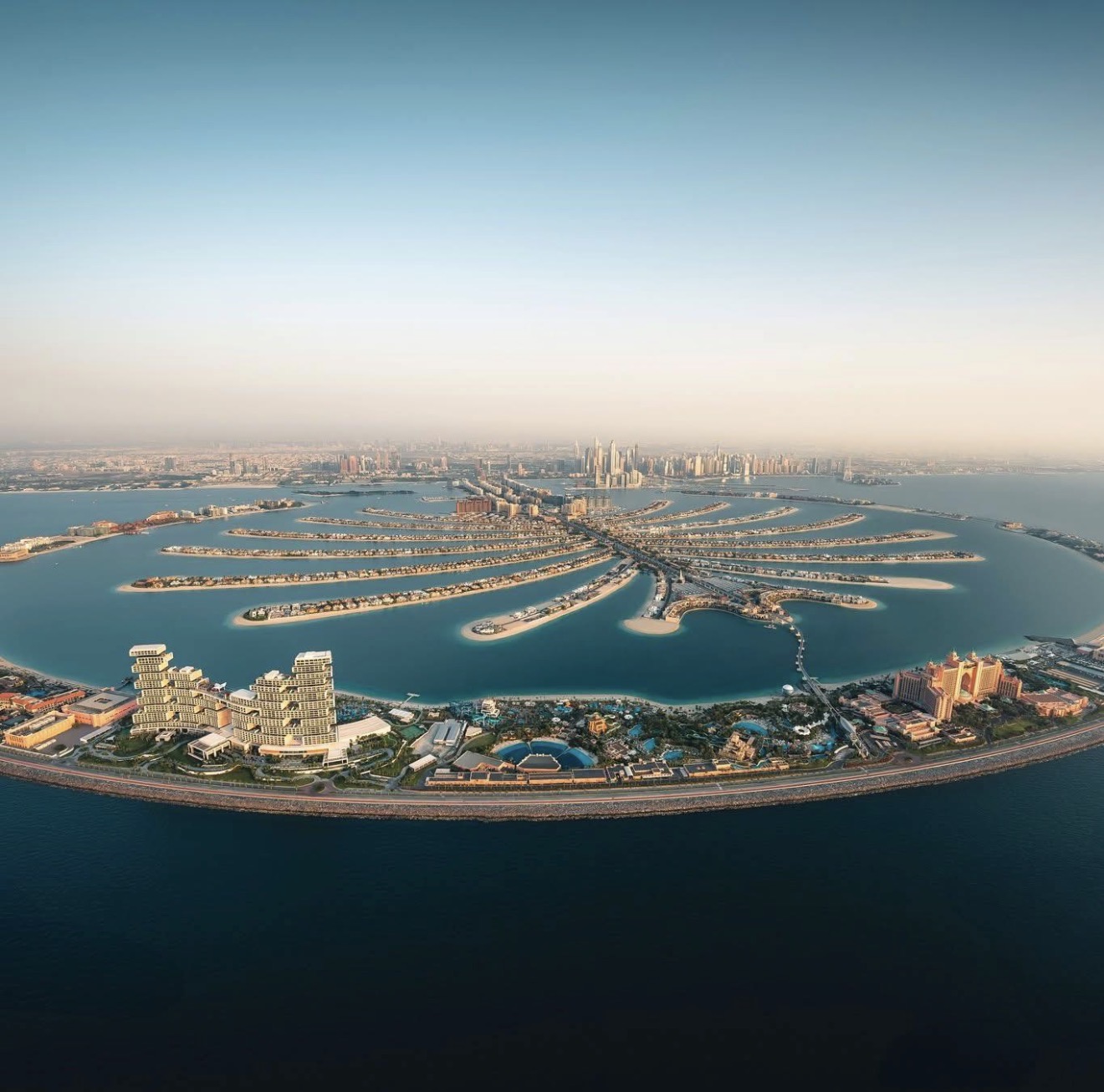Aerial view of Palm Jumeirah and the Dubai coastline