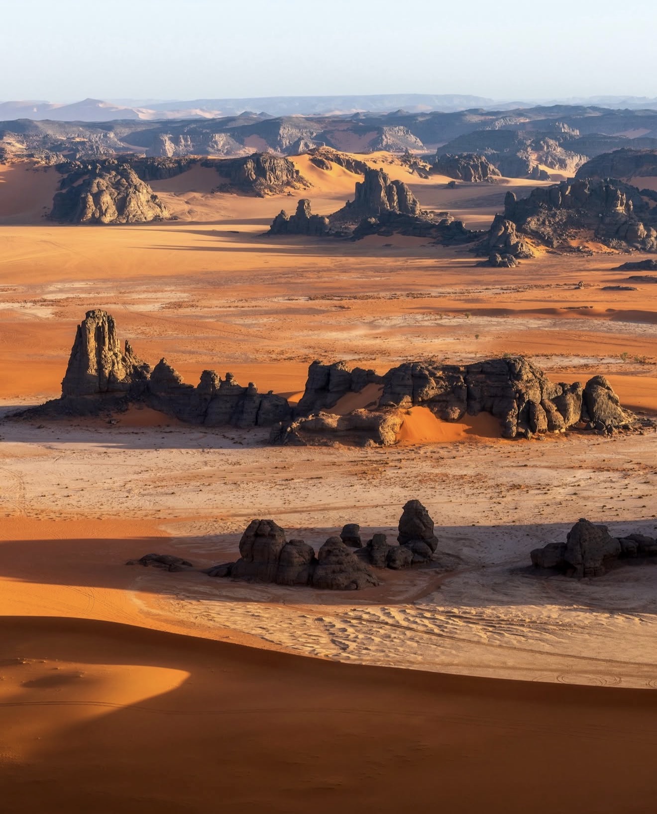 Vast orange desert plain scattered with sculptural rock formations