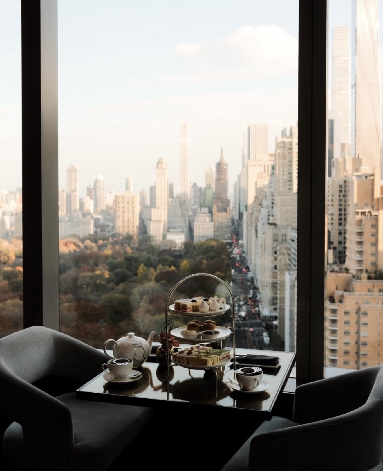 Afternoon tea overlooking Central Park and the Manhattan skyline