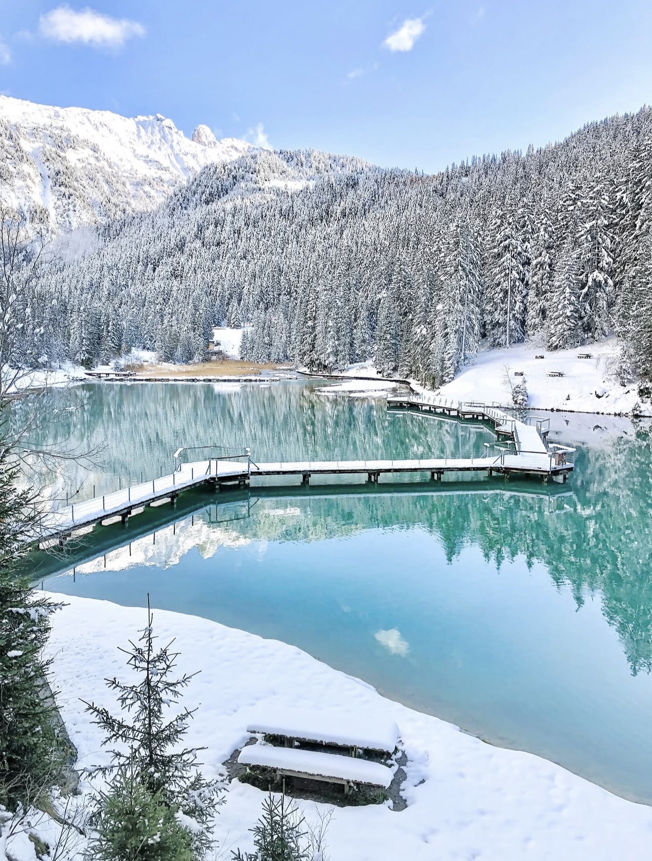 Turquoise alpine lake surrounded by fresh snow and forest