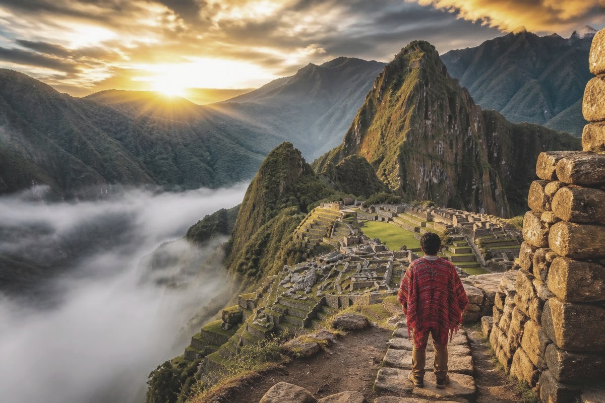 Ancient Incan stone terraces high in the Peruvian Andes at sunrise